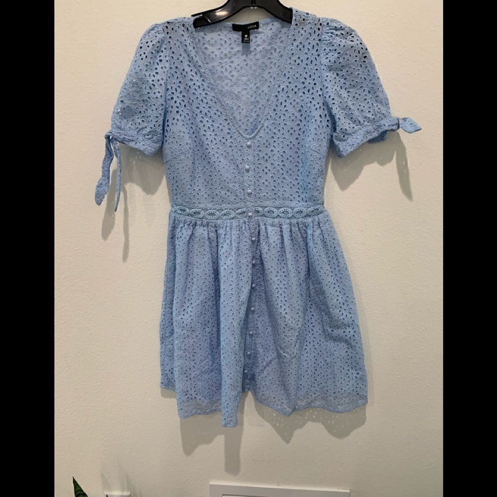 AQUA Womens Light Blue Floral Pouf V Neck Short Fit + Flare Dress Size: Xs - Picture 3 of 5